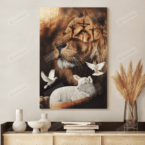 Jesus With Sheep Lion And Dove Christian Wall Art Poster Canvas, Animals Together With God Canvas Print, Jesus Poster Canvas Art