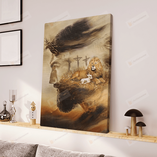 Jesus And Lion And Sheep Wall Art Poster Canvas, Animal Lovers Jesus Canvas Print, Jesus Poster Canvas Art