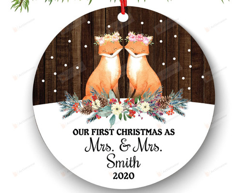 Personalized Gay Lesbian Couple Christmas Ornament Fox Mrs. and Mrs. for Lesbian 1st LGBTQ Love is Same Sex Mrs Rustic Watercolor Hanging Decor Christmas Tree Decoration