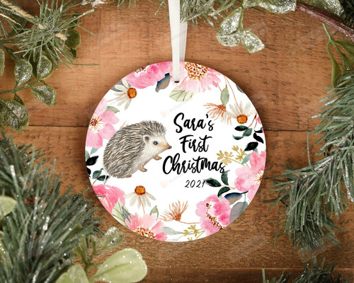 Personalized Hedgehog And Flowers Ornament, Gift Lovers Ornament, Christmas Gift Ornament