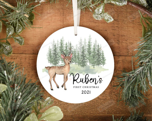 Personalized First Christmas Ornament, Deer In The Forest Ornament, Christmas Gift Ornament