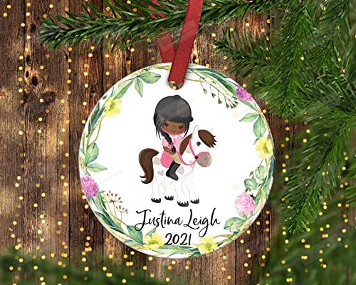 Personalized Children's Horseback Riding Christmas Ornament, Black Girl's Horseback Riding Christmas Ornament Custom Name Funny Baby Gifts For Men Women Kids Ornament, Christmas Tree Decoration