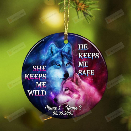 Personalized He Keeps Me Safe Wolf Couple Ornament Crafts Hanging Car Window Dress Up Great Gifts For Couple Spouse Newly Married Anniversary Day Christmas Thanksgiving Birthday Christmas Ornaments