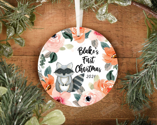 Personalized Baby's First Christmas Ornament, Raccoon And Flowers Lovers Ornament, Christmas Gift Ornament