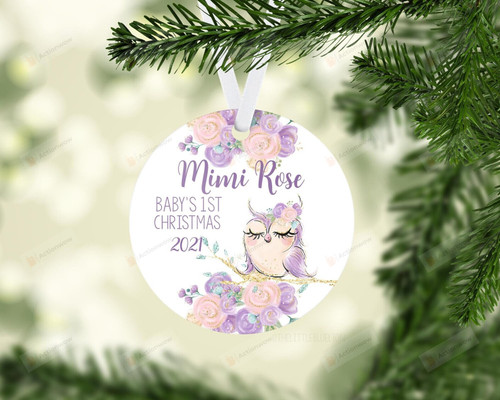 Personalized Owl And Rose Baby's First Christmas Ornament, Owl Lover Gift Ornament, Christmas Keepsake Gift Ornament