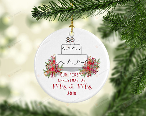 Personalized Our First Christmas As Mrs And Mrs Ornament, Gifts For Lesbian Lovers Ornament, Anniversary Gift Ornament