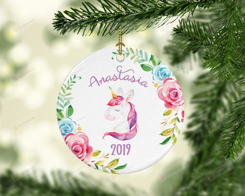 Personalized First Christmas Ornament, Unicorn With Floral Ornament, Christmas Gift Ornament