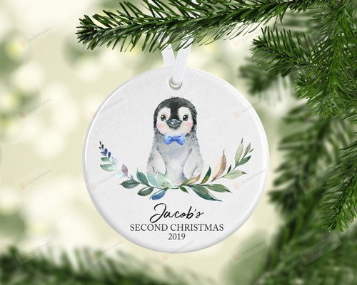 Personalized Penguin Baby's Second Christmas Ornament, Penguin Lover Gift Ornament, Christmas Gift Ornament