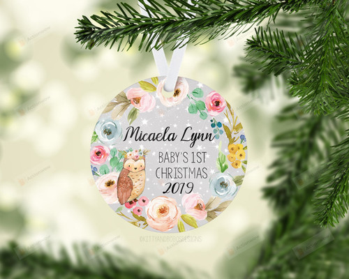 Personalized Floral Owl Baby's First Christmas Ornament, Owl Lover Gift Ornament, Christmas Keepsake Gift Ornament