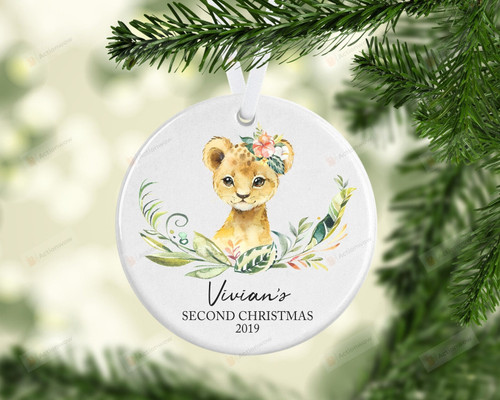 Personalized Lion Baby's Second Christmas Ornament, Lion Lover Gift Ornament, Christmas Gift Ornament