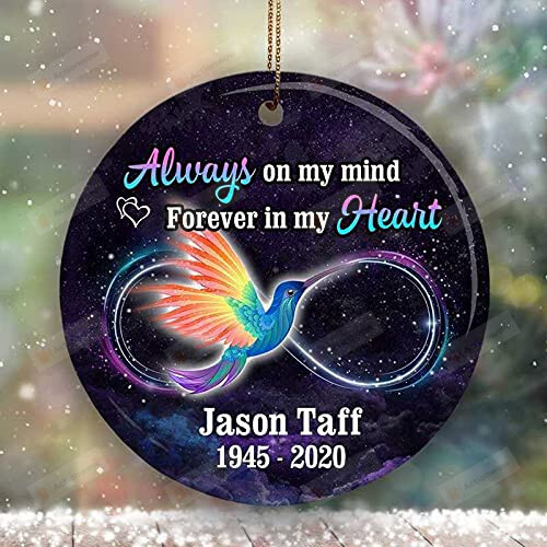 Custom Memorial Ornament - Hummingbird Always On My Mind Forever In My Heart Memorial Ornament Personalized Picture Ornament Customized Name & Photo Circle Heart Oval Star Christmas Ceramic Ornament