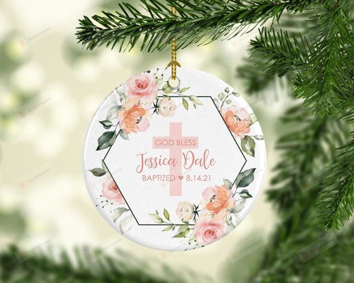 Personalized The Cross And Floral Wreath Ornament, Baptism Gift Ornament, Christmas Gift Ornament