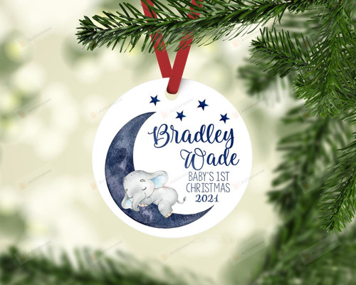 Personalized Elephant Moon And Stars Ornament, Baby's First Christmas Ornament, Christmas Keepsake Gift Ornament