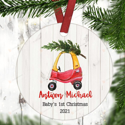Personalized Cozy Coupe Car With Pine Tree Wood Texture Ornament Baby's First Christmas Ornament Best Gifts For Baby From Mom, Dad, Grandma, Grandpa, Family On First Christmas, Winter
