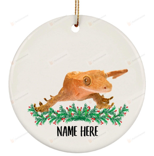 Funny Personalized Name Green Gecko Crested Pet Owner Gift Gifts 2021 Christmas Tree Ornaments Circle Ceramic Unique Presents For Pet Lovers Like Animal Decorative Hanging Ornament Merry Xmas