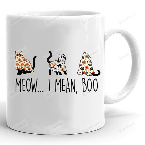 Meow I Mean Boo Mug, Funny Ghost Cat Mug, Halloween Mug Gifts For Cat Lovers Cat Dad Cat Mom, Spooky Season Mug