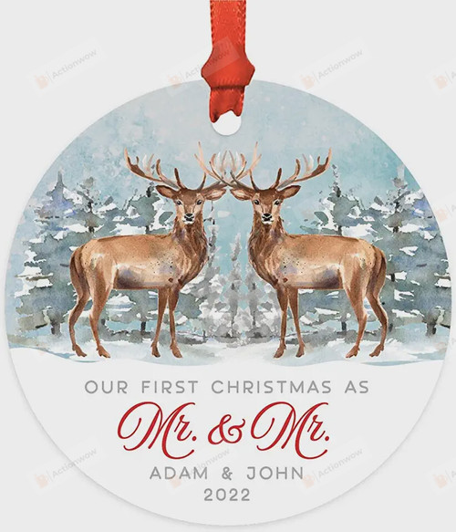 Personalized Deer Couple Our First Christmas As Mr & Mr Ornament, Deer Lover Gift Ornament, Christmas Gift For New Gay Couple Ornament
