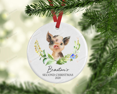 Personalized Floral Pig Baby's Second Christmas Ornament, Pig Lover Gift Ornament, Christmas Keepsake Gift Ornament