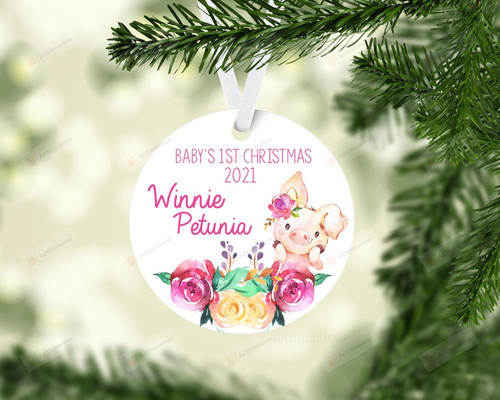 Personalized Floral Pig Baby's First Christmas Ornament, Pig Lover Gift Ornament, Christmas Keepsake Gift Ornament
