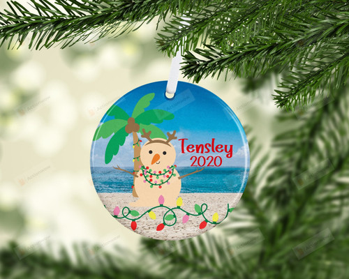 Personalized Snowman On The Beach Ornament, Gift For Beach Lovers Ornament, Christmas Gift Ornament