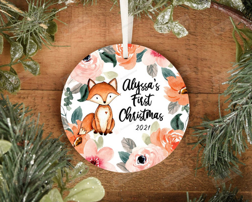 Personalized Baby's First Christmas With Fox And Flowers Ornament, Animals Lovers Ornament, Christmas Gift Ornament