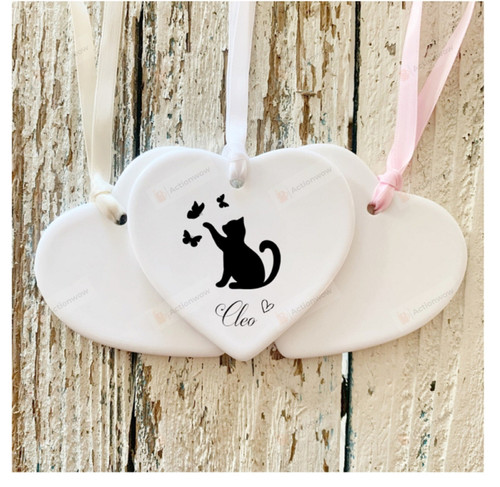 Personalized Black Cat With Butterflies Ornament, Cat Lovers Gift Ornament, Christmas Gift Ornament