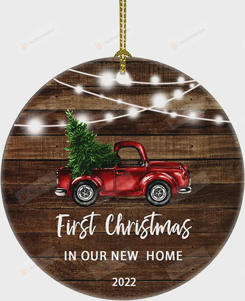 Personalized First Christmas In Our New Home Ornament, Red Truck And Christmas Tree Ornament, New Home Gift Ornament