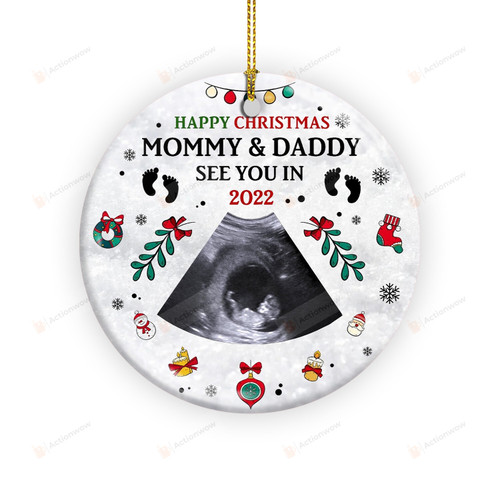 Happy Christmas Mommy And Daddy Ornament, New Born Baby, Gifts For Mom For Dad, Christmas Gifts For Family, Baby Sonogram