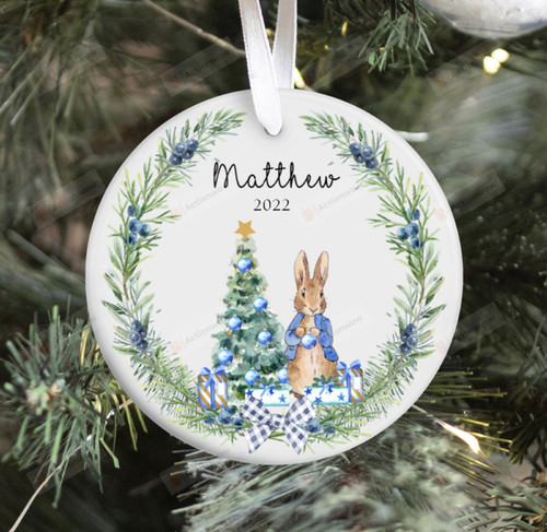 Personalized Peter Rabbit With Christmas Tree Ornament, Rabbit Lovers Ornament, Christmas Gift Ornament