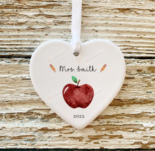 Personalized Apple Ornament, Heart Teacher Ornament, Christmas Gift Ornament