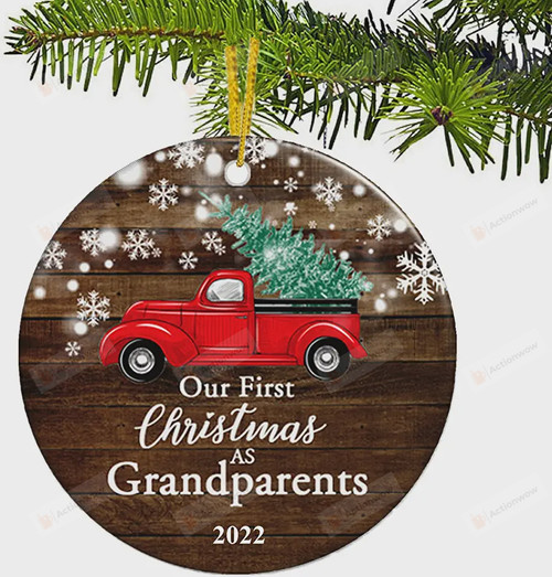 Personalized Red Truck And Xmas Tree Ornament, Our First Christmas As Grandparents Ornament, Christmas Gift Ornament For New Grandparents