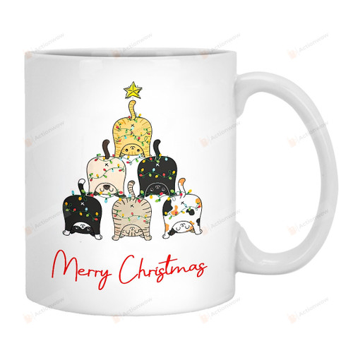 Merry Christmas Cat Tree Mug, Funny Christmas Cup Gifts For Cat Lovers Cat Mom Cat Dad