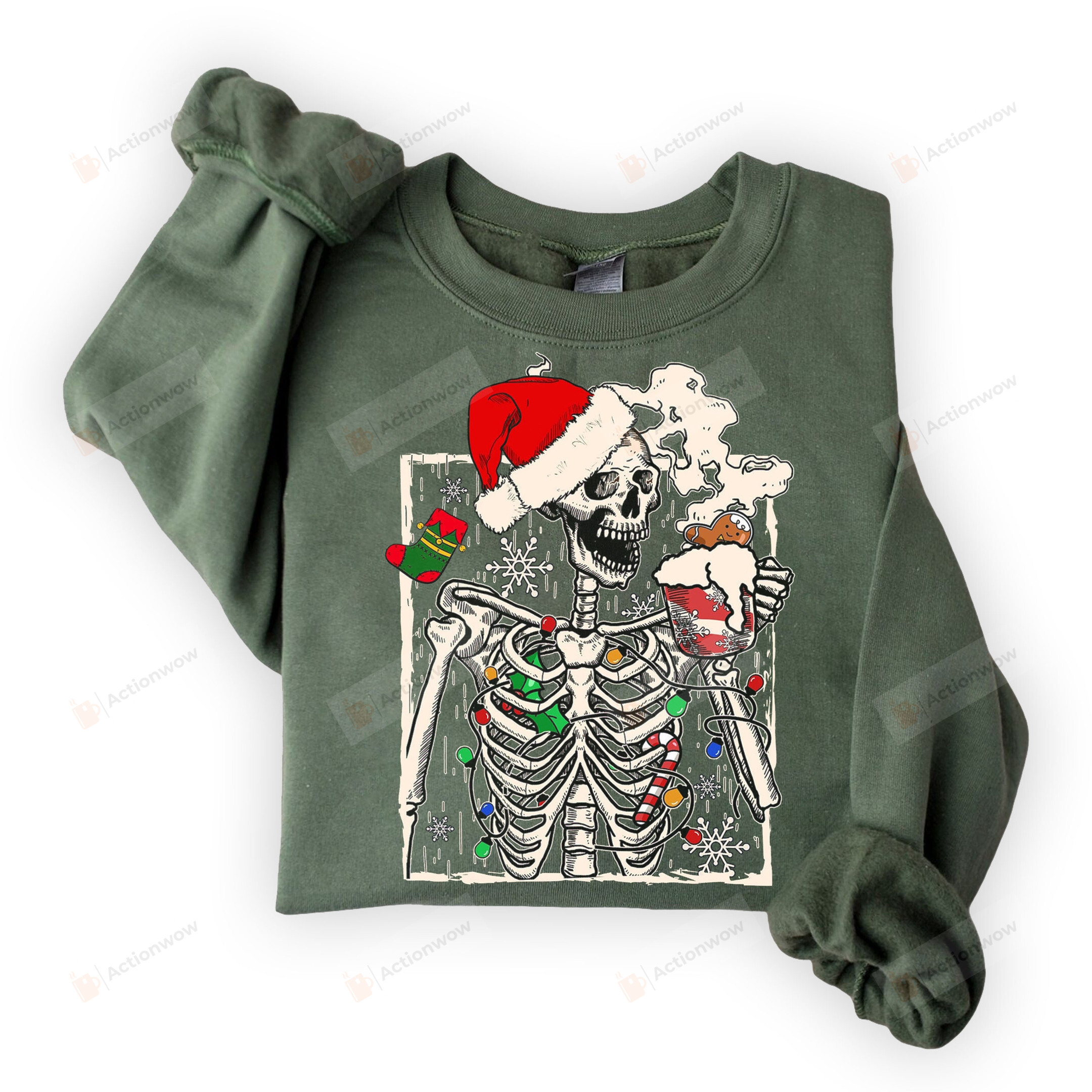 Women Christmas Skeleton Sweatshirt Drinking Hot Coffee, Pullover Top Smiling Skull Graphic, Fall Coffee Love Tee