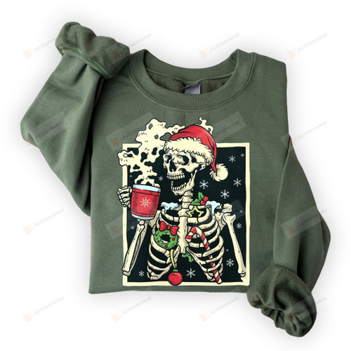 Skeleton Drinking Hot Coffee Christmas Sweatshirt For Women, Pullover Top Smiling Skull Graphic