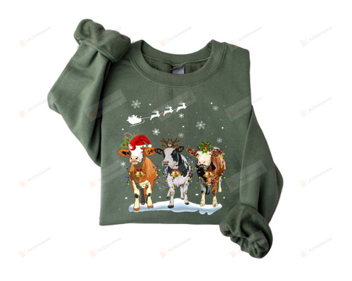 Cow Christmas Lights Ugly Christmas Sweatshirt, Christmas Sweatshirt, Funny Heifers Christmas Shirt, Cow Holiday Sweatshirt, Cow Lover Xmas Gifts Farm