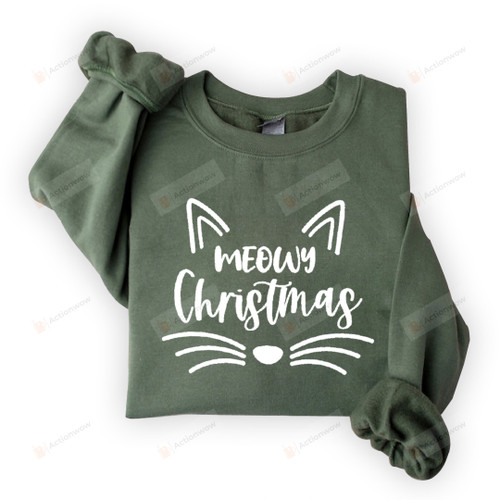 Meowy Christmas Sweatshirt, Meowy Catmas Sweater, Funny Christmas Cat Shirt Gifts For Cat Mom Cat Lover, Cat Face Christmas Shirt