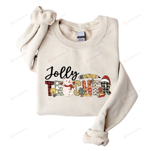 Teacher Christmas Sweatshirt, Holly Jolly Teacher Cute Snowman Crewneck Sweater, Teacher Santa Shirt, Funny Christmas Gifts For Teacher, Xmas Gifts, Holiday Shirt