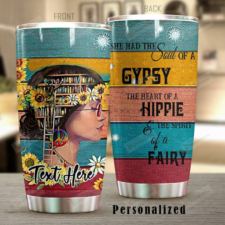 Personalized The Heart Of A Hippie Girl Book Sunflower Stainless Steel Tumbler Perfect Gifts For Hipppie Tumbler Cups For Coffee/Tea, Great Customized Gifts For Birthday Christmas Thanksgiving