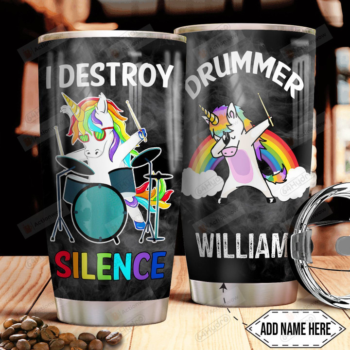 Personalized Drummer Unicorn I Destroy Silence Stainless Steel Tumbler Perfect Gifts For Drummer Tumbler Cups For Coffee/Tea, Great Customized Gifts For Birthday Christmas Thanksgiving