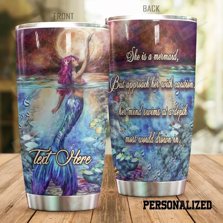 Personalized Mermaid Approach Her With Caution Stainless Steel Tumbler Perfect Gifts For Mermaid Lover Tumbler Cups For Coffee/Tea, Great Customized Gifts For Birthday Christmas Thanksgiving