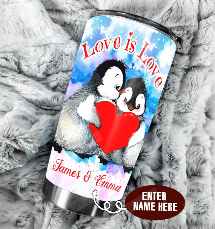 Personalized Penguin Love Is Love Stainless Steel Tumbler Perfect Gifts For Penguin Lover Tumbler Cups For Coffee/Tea, Great Customized Gifts For Birthday Christmas Thanksgiving Wedding Valentine's Day