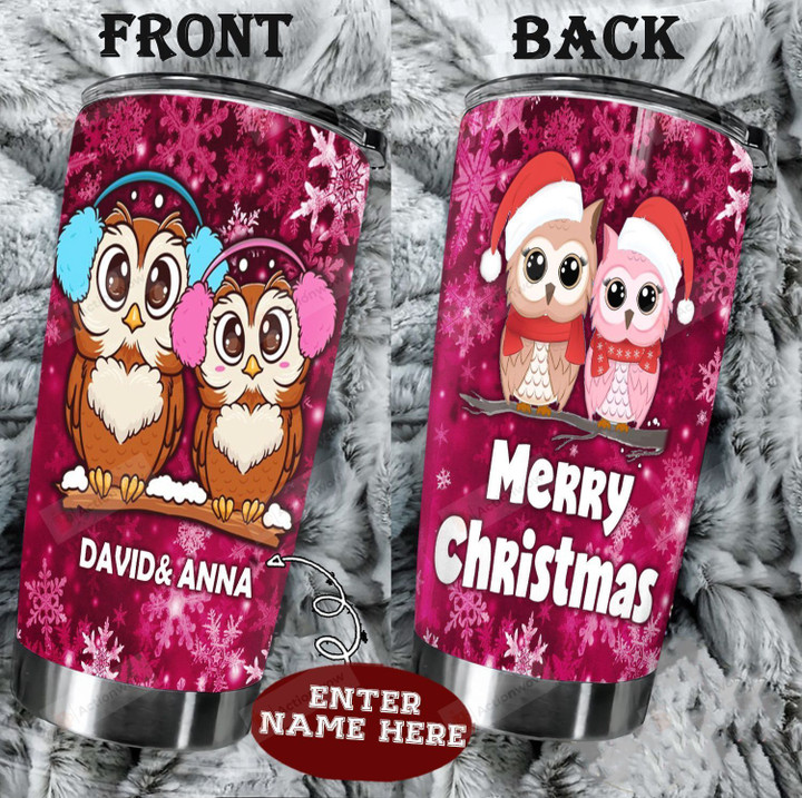 Personalized Owl Couple Merry Christmas Stainless Steel Tumbler Perfect Gifts For Owl Lover Tumbler Cups For Coffee/Tea, Great Customized Gifts For Birthday Christmas Thanksgiving