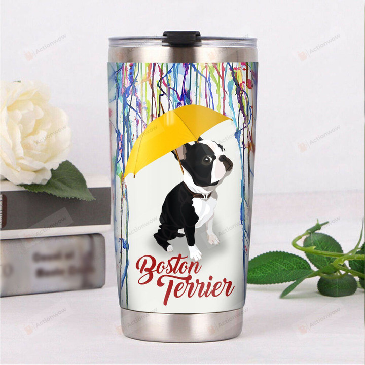 Boston Terrier Dog Under Yellow Umbrella Stainless Steel Tumbler Perfect Gifts For Dog Lover Tumbler Cups For Coffee/Tea, Great Customized Gifts For Birthday Christmas Thanksgiving