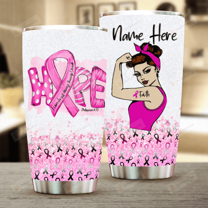 Personalized Breast Cancer Awareness Hope Ribbon Stainless Steel Tumbler Perfect Gifts For Breast Cancer Awareness Tumbler Cups For Coffee/Tea, Great Customized Gifts For Birthday Christmas Thanksgiving