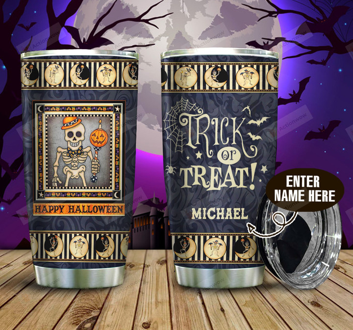 Personalized Skull Halloween Trick Or Treat Stainless Steel Tumbler Perfect Gifts For Skull Lover Tumbler Cups For Coffee/Tea, Great Customized Gifts For Birthday Christmas Thanksgiving Halloween