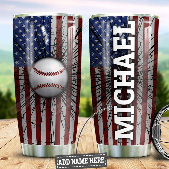 Personalized Baseball American Flag Stainless Steel Tumbler Perfect Gifts For Baseball Lover Tumbler Cups For Coffee/Tea, Great Customized Gifts For Birthday Christmas Thanksgiving