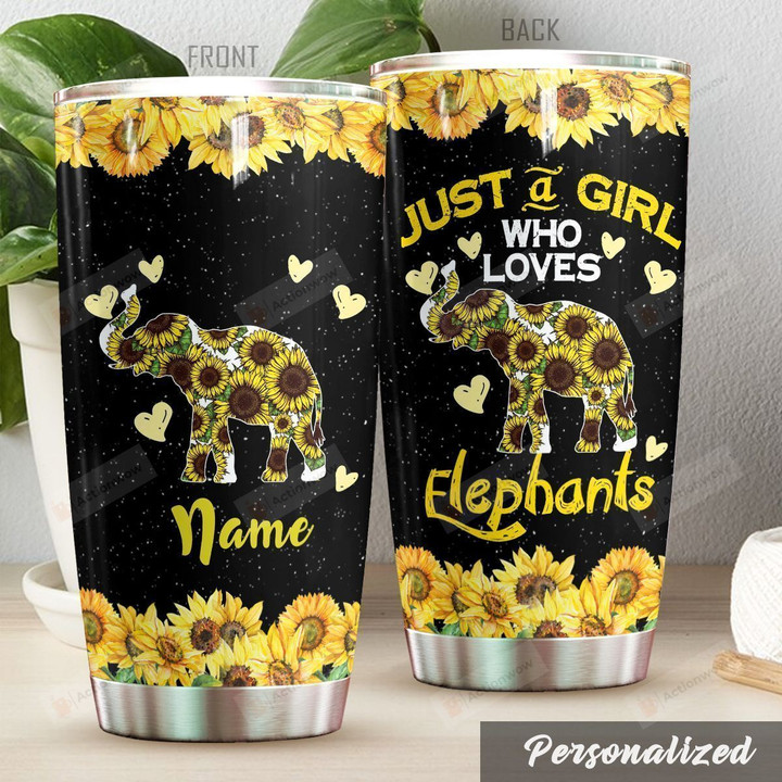 Personalized Elephant Sunflower Just A Girl Who Loves Elephants Black Stainless Steel Tumbler Perfect Gifts For Elephant Lover Tumbler Cups For Coffee/Tea, Great Customized Gifts For Birthday Christmas Thanksgiving