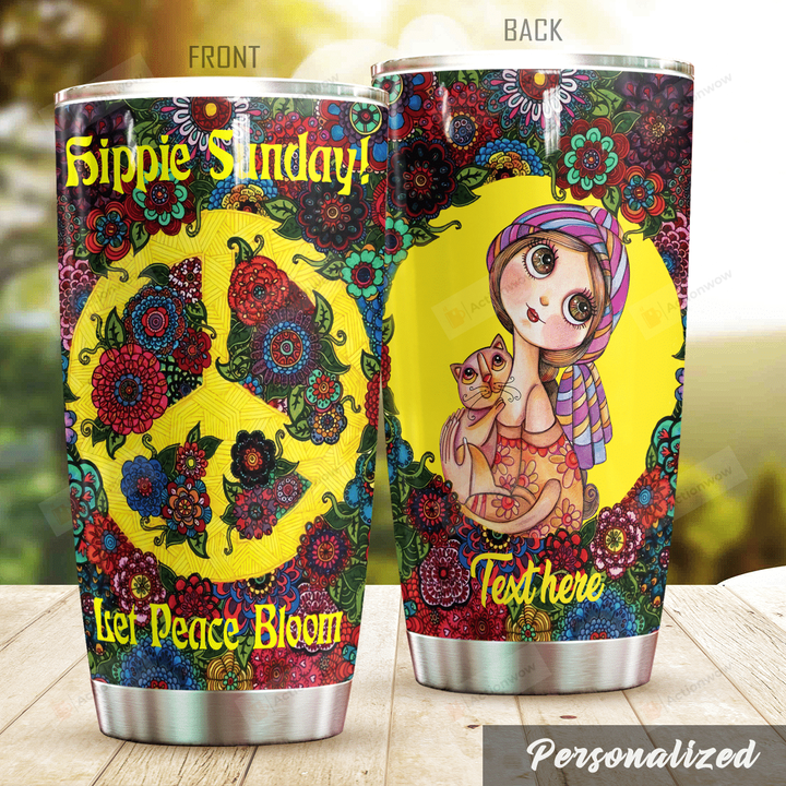 Personalized Hippie Girl And Cat Sunday Let Peace Bloom Stainless Steel Tumbler Perfect Gifts For Hipppie Tumbler Cups For Coffee/Tea, Great Customized Gifts For Birthday Christmas Thanksgiving
