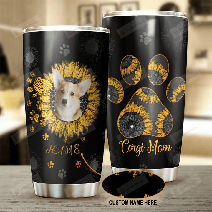 Personalized Corgi Mom Sunflower Stainless Steel Tumbler Perfect Gifts For Dog Lover Tumbler Cups For Coffee/Tea, Great Customized Gifts For Birthday Christmas Thanksgiving