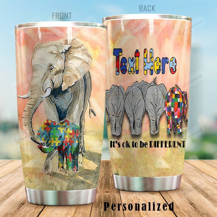 Personalized Autism Elephant Family It's Ok To Be Different Stainless Steel Tumbler Perfect Gifts For Elephant Lover Tumbler Cups For Coffee/Tea, Great Customized Gifts For Birthday Christmas Thanksgiving